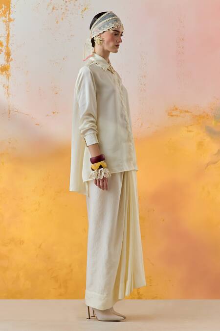 Aseem Kapoor Off White Crepe, Silk Beads Collared Work Shirt And Skirt Set at Aza Fashions Aseem Kapoor_Off White Crepe, Silk Beads Collared Work Shirt And Skirt Set _at_Aza_Fashions