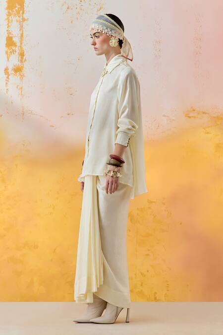 Buy Aseem Kapoor Off White Crepe, Silk Beads Collared Work Shirt And Skirt Set Buy_Aseem Kapoor_Off White Crepe, Silk Beads Collared Work Shirt And Skirt Set