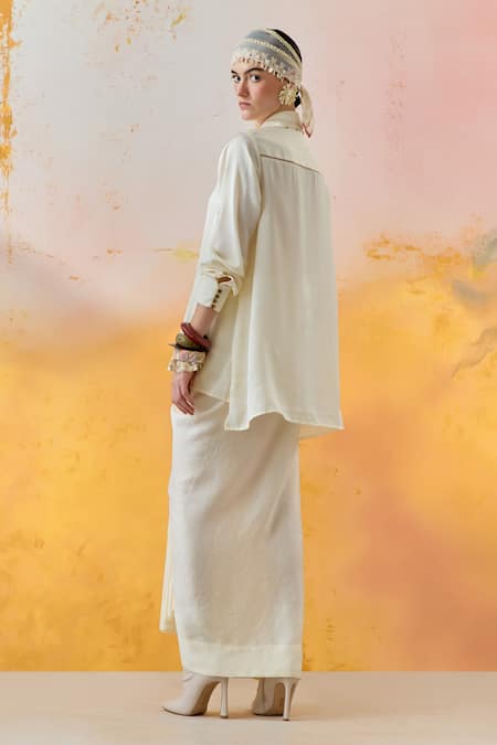 Shop Aseem Kapoor Off White Crepe, Silk Beads Collared Work Shirt And Skirt Set at Aza Fashions Shop_Aseem Kapoor_Off White Crepe, Silk Beads Collared Work Shirt And Skirt Set _at_Aza_Fashions