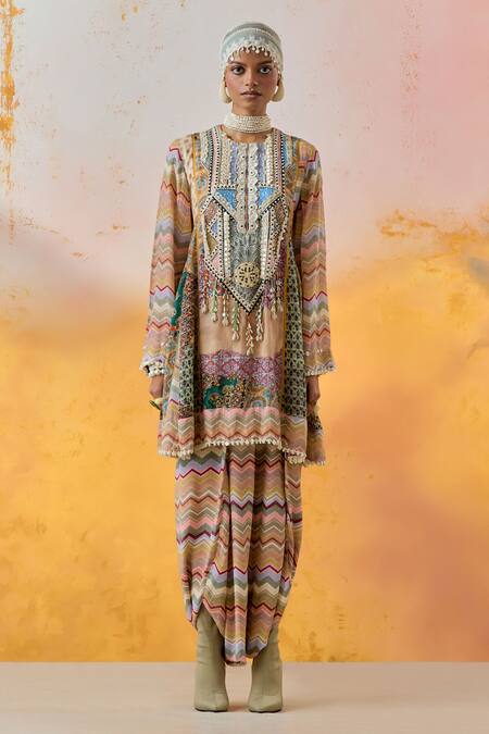 Aseem Kapoor Multi Color Crepe Beads Round Neck Afghan Embroidered Tunic And Trouser Set Online at Aza Fashions Aseem Kapoor_Multi Color Crepe Beads Round Neck Afghan Embroidered Tunic And Trouser Set _Online_at_Aza_Fashions