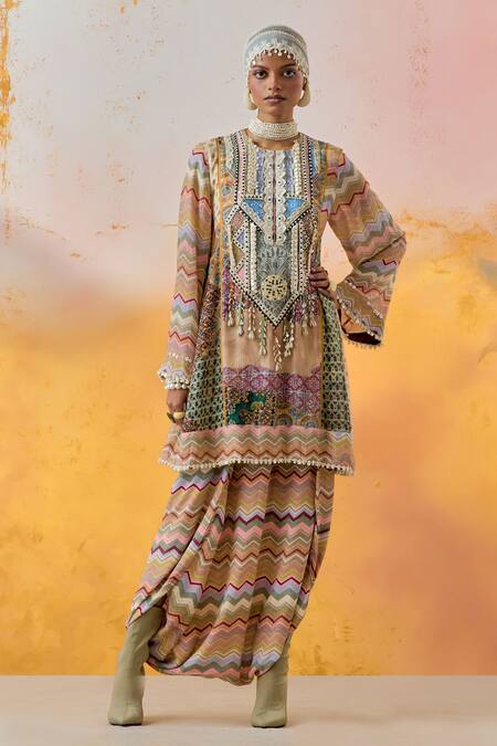 Shop Aseem Kapoor Multi Color Crepe Beads Round Neck Afghan Embroidered Tunic And Trouser Set Online at Aza Fashions Shop_Aseem Kapoor_Multi Color Crepe Beads Round Neck Afghan Embroidered Tunic And Trouser Set _Online_at_Aza_Fashions