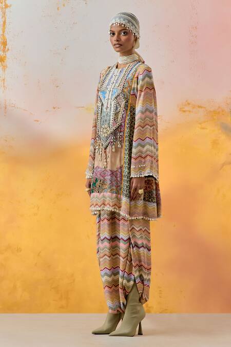 Aseem Kapoor Multi Color Crepe Beads Round Neck Afghan Embroidered Tunic And Trouser Set at Aza Fashions Aseem Kapoor_Multi Color Crepe Beads Round Neck Afghan Embroidered Tunic And Trouser Set _at_Aza_Fashions