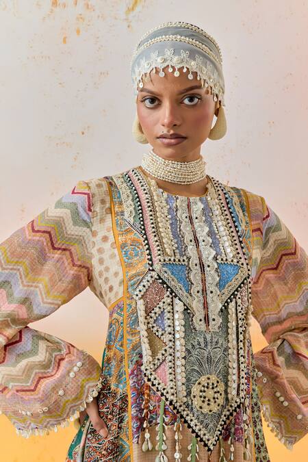 Shop Aseem Kapoor Multi Color Crepe Beads Round Neck Afghan Embroidered Tunic And Trouser Set Shop_Aseem Kapoor_Multi Color Crepe Beads Round Neck Afghan Embroidered Tunic And Trouser Set