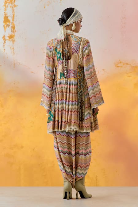 Shop Aseem Kapoor Multi Color Crepe Beads Round Neck Afghan Embroidered Tunic And Trouser Set at Aza Fashions Shop_Aseem Kapoor_Multi Color Crepe Beads Round Neck Afghan Embroidered Tunic And Trouser Set _at_Aza_Fashions