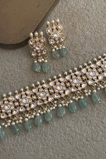 Shop Saga Jewels Gold Plated Beads, Stones Regal Jadau Polki Choker Necklace Set at Aza Fashions Shop_Saga Jewels_Gold Plated Beads, Stones Regal Jadau Polki Choker Necklace Set _at_Aza_Fashions