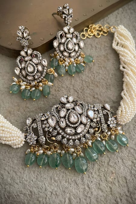 Shop Saga Jewels Silver Plated Beads, Diamonds, Stones Antique Regal Jadau Polki Necklace Set at Aza Fashions Shop_Saga Jewels_Silver Plated Beads, Diamonds, Stones Antique Regal Jadau Polki Necklace Set _at_Aza_Fashions