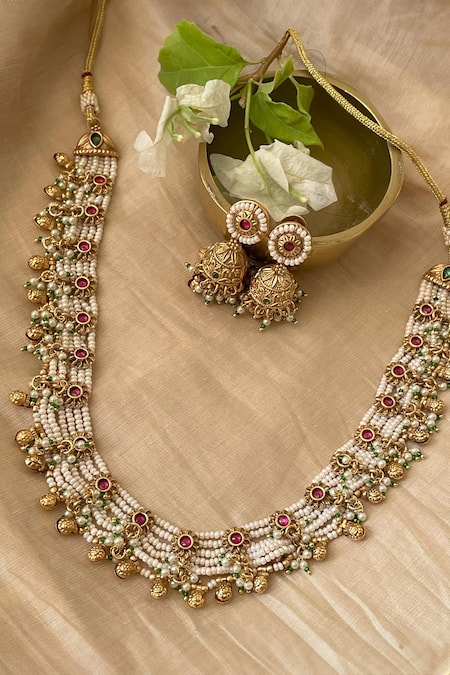 Saga Jewels Pearl Temple Necklace Set 