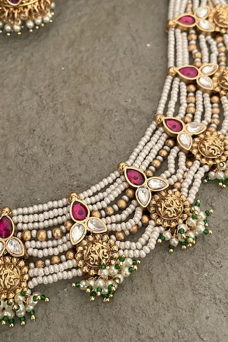 Buy_Saga Jewels_Gold Plated Pearls, Stones, Piping Polki Embellished Necklace Set _Online_at_Aza_Fashions
