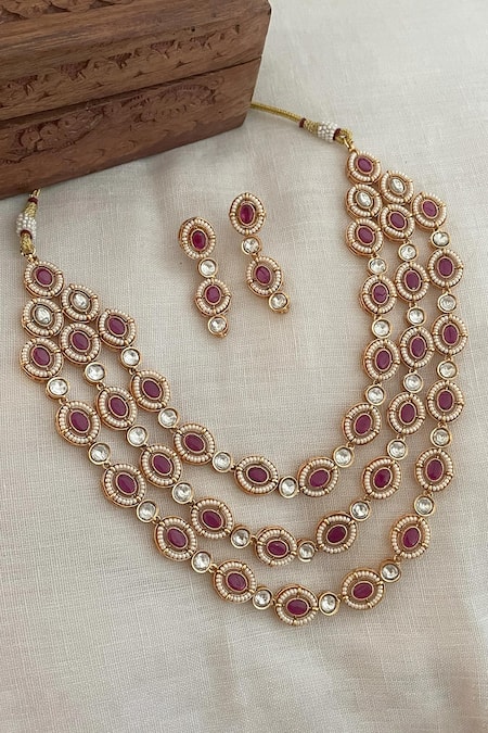 Saga Jewels Ruby Embellished Layered Necklace Set 