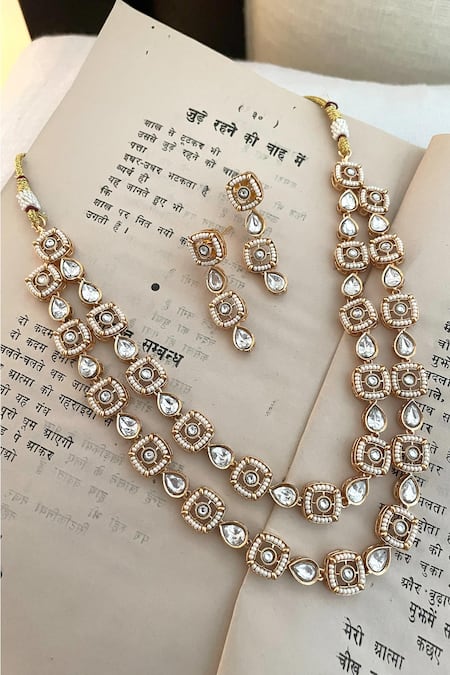 Shop_Saga Jewels_Gold Plated Diamonds, Stones Polki Embellished Necklace Set _at_Aza_Fashions