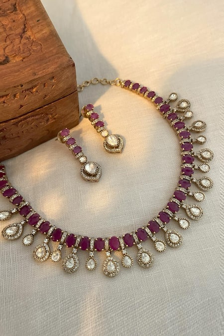 Saga Jewels Ruby Embellished Necklace Set 