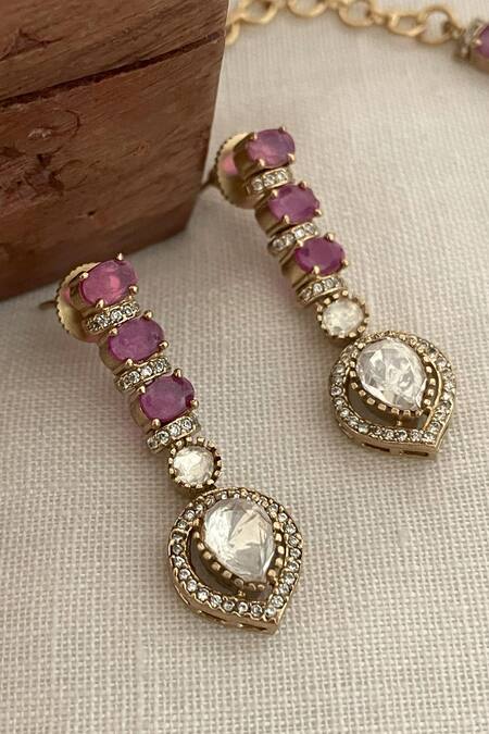 Shop Saga Jewels Gold Plated Diamonds, Stones Ruby Embellished Necklace Set at Aza Fashions Shop_Saga Jewels_Gold Plated Diamonds, Stones Ruby Embellished Necklace Set_at_Aza_Fashions