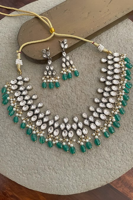 Saga Jewels Green Polki Amaira Emerald Embellished Necklace Set 