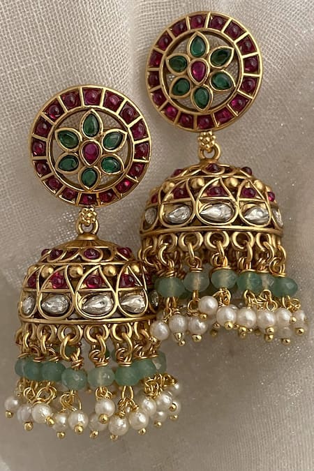 Saga Jewels Gold Plated Stone Temple Embellished Jhumkas 