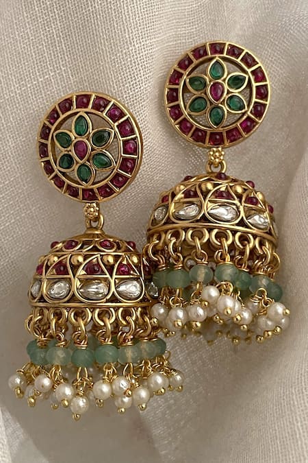 Shop Saga Jewels Gold Plated Stones, Pearls, Beads Temple Embellished Jhumkas at Aza Fashions Shop_Saga Jewels_Gold Plated Stones, Pearls, Beads Temple Embellished Jhumkas_at_Aza_Fashions