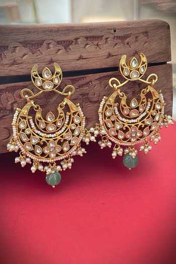 Saga Jewels Gold Plated Pearls, Diamonds Jadau Polki Embellished Chandbalis Online at Aza Fashions Saga Jewels_Gold Plated Pearls, Diamonds Jadau Polki Embellished Chandbalis _Online_at_Aza_Fashions