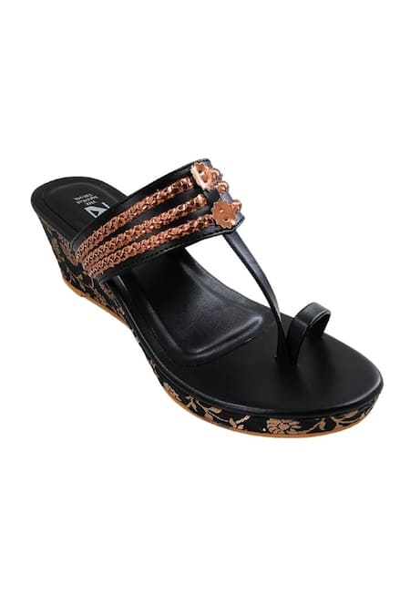The Madras Trunk_Black Embroidery Haiku Brocade Kolhapuri Wedges _Online_at_Aza_Fashions