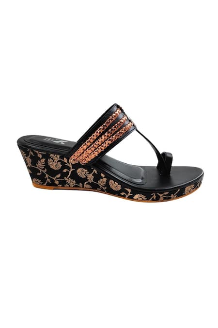 Shop_The Madras Trunk_Black Embroidery Haiku Brocade Kolhapuri Wedges _Online_at_Aza_Fashions