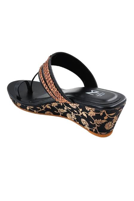 The Madras Trunk_Black Embroidery Haiku Brocade Kolhapuri Wedges _at_Aza_Fashions
