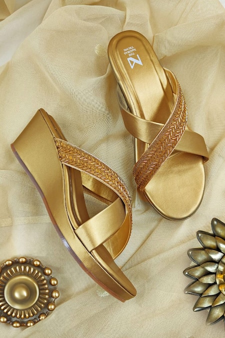 The Madras Trunk Gold Cutdana Nile Criss Cross Strap Wedges 