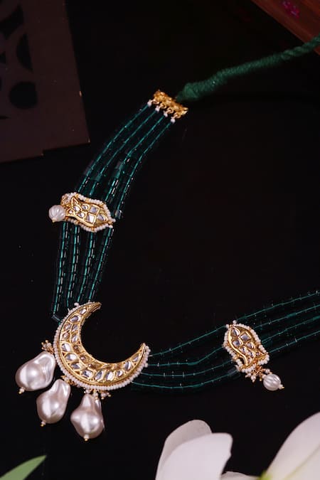 Shop_Dugran By Dugristyle_Green Hariri Haar Necklace _at_Aza_Fashions