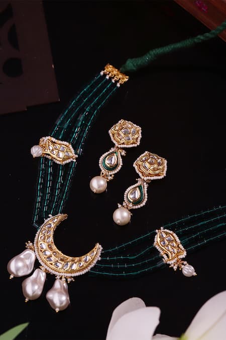 Shop Dugran By Dugristyle Green Pearls, Fabric Flowers Jaadui Noor Necklace Set at Aza Fashions Shop_Dugran By Dugristyle_Green Pearls, Fabric Flowers Jaadui Noor Necklace Set _at_Aza_Fashions