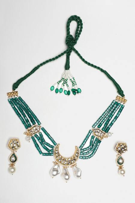 Dugran By Dugristyle Green Pearls, Fabric Flowers Jaadui Noor Necklace Set Online at Aza Fashions Dugran By Dugristyle_Green Pearls, Fabric Flowers Jaadui Noor Necklace Set _Online_at_Aza_Fashions