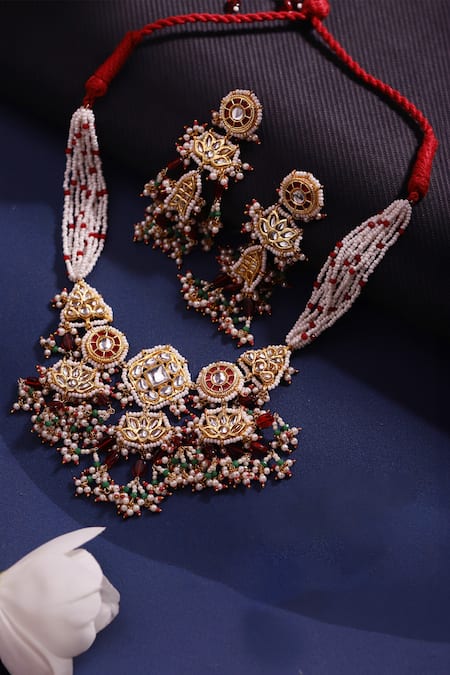 Shop Dugran By Dugristyle Green Pearls, Gota Patti, Fabric Flowers Kiran Bloom Necklace Set at Aza Fashions Shop_Dugran By Dugristyle_Green Pearls, Gota Patti, Fabric Flowers Kiran Bloom Necklace Set _at_Aza_Fashions