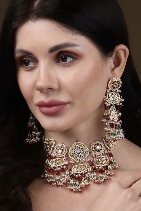 Dugran By Dugristyle Green Pearls, Gota Patti, Fabric Flowers Kiran Bloom Necklace Set Online at Aza Fashions Dugran By Dugristyle_Green Pearls, Gota Patti, Fabric Flowers Kiran Bloom Necklace Set _Online_at_Aza_Fashions