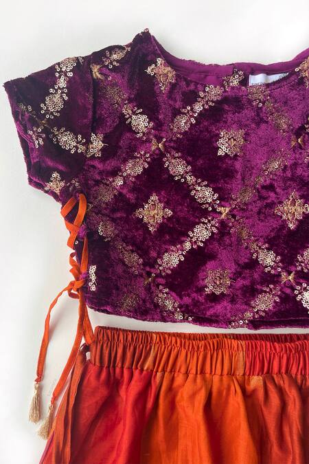 Taramira Red Velvet Embroidery Flora Sequin Jaal Embellished Blouse Lehenga Set Online at Aza Fashions Taramira_Red Velvet Embroidery Flora Sequin Jaal Embellished Blouse Lehenga Set_Online_at_Aza_Fashions