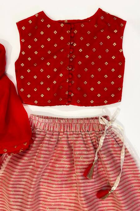 Taramira_Red Brocade Striped Vine Bloom Scarlet O Hara Pattern Lehenga Set_Online_at_Aza_Fashions