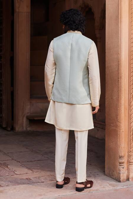 Shop Contrast By Parth Blue Silk, Jacquard Embroidery, Beads, Aqua Geometric Woven Bundi And Kurta Set at Aza Fashions Shop_Contrast By Parth_Blue Silk, Jacquard Embroidery, Beads, Aqua Geometric Woven Bundi And Kurta Set _at_Aza_Fashions