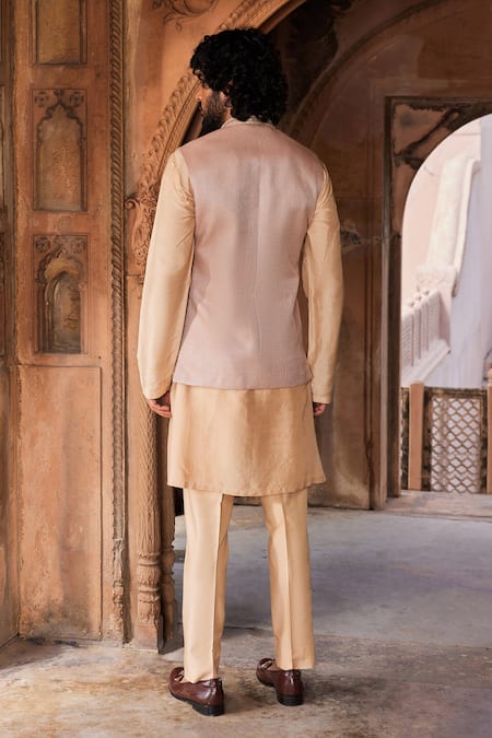 Shop Contrast By Parth Brown Silk, Tussar Embroidery, Patchwork Gota Embellished Bundi And Kurta Set at Aza Fashions Shop_Contrast By Parth_Brown Silk, Tussar Embroidery, Patchwork Gota Embellished Bundi And Kurta Set _at_Aza_Fashions