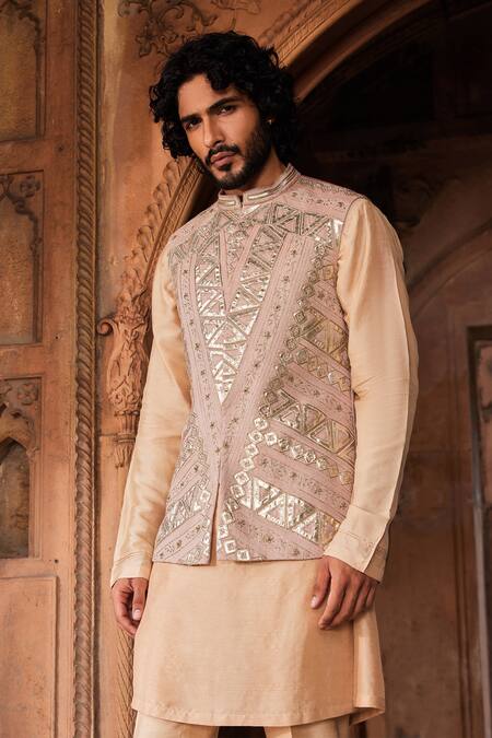 Contrast By Parth Brown Silk, Tussar Embroidery, Patchwork Gota Embellished Bundi And Kurta Set Online at Aza Fashions Contrast By Parth_Brown Silk, Tussar Embroidery, Patchwork Gota Embellished Bundi And Kurta Set _Online_at_Aza_Fashions