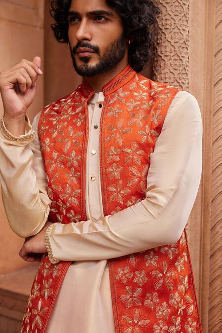 Contrast By Parth Orange Linen, Silk Embroidery Floral Dori Embellished Bundi And Kurta Set Online at Aza Fashions Contrast By Parth_Orange Linen, Silk Embroidery Floral Dori Embellished Bundi And Kurta Set _Online_at_Aza_Fashions