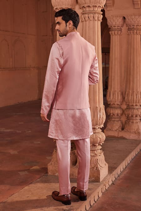 Shop Contrast By Parth Pink Silk Embroidery Floral Hand Painted Bundi And Kurta Set at Aza Fashions Shop_Contrast By Parth_Pink Silk Embroidery Floral Hand Painted Bundi And Kurta Set _at_Aza_Fashions