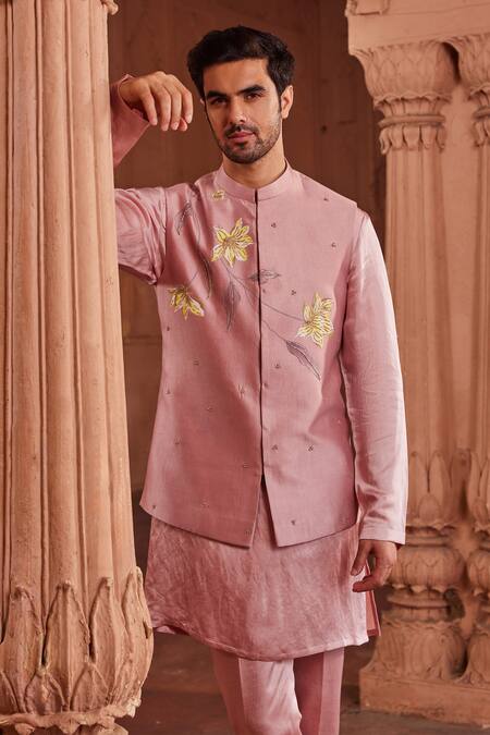 Contrast By Parth Pink Silk Embroidery Floral Hand Painted Bundi And Kurta Set Online at Aza Fashions Contrast By Parth_Pink Silk Embroidery Floral Hand Painted Bundi And Kurta Set _Online_at_Aza_Fashions