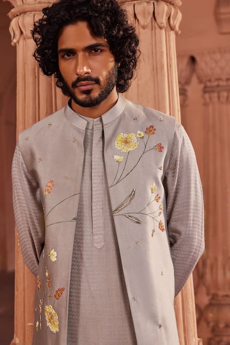Contrast By Parth Olive Green Silk Embroidery Flower Hand Painted Bundi And Kurta Set Online at Aza Fashions Contrast By Parth_Olive Green Silk Embroidery Flower Hand Painted Bundi And Kurta Set _Online_at_Aza_Fashions