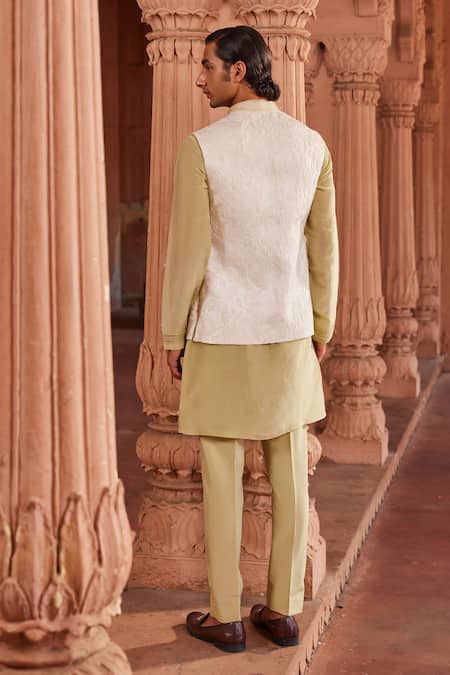 Shop Contrast By Parth Ivory Silk, Jacquard Beads Embellished Bundi And Kurta Set at Aza Fashions Shop_Contrast By Parth_Ivory Silk, Jacquard Beads Embellished Bundi And Kurta Set _at_Aza_Fashions