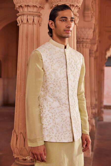 Shop Contrast By Parth Ivory Silk, Jacquard Beads Embellished Bundi And Kurta Set Online at Aza Fashions Shop_Contrast By Parth_Ivory Silk, Jacquard Beads Embellished Bundi And Kurta Set _Online_at_Aza_Fashions