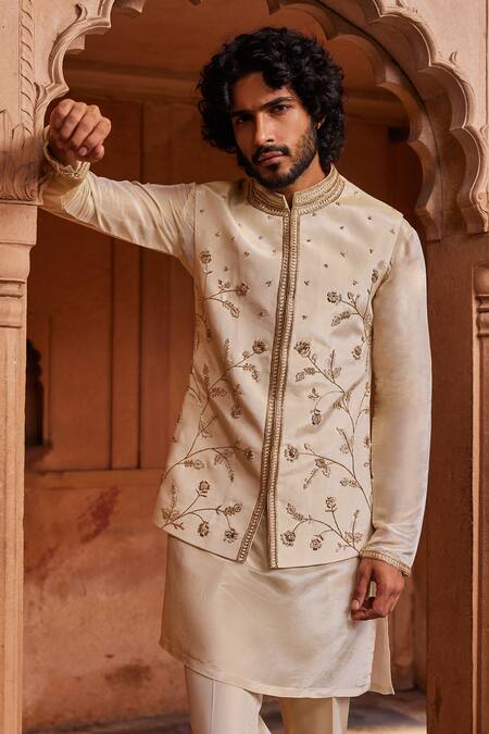 Contrast By Parth Cream Silk Organza Zari, Diamonds Zardozi Embroidered Bundi And Kurta Set Online at Aza Fashions Contrast By Parth_Cream Silk Organza Zari, Diamonds Zardozi Embroidered Bundi And Kurta Set _Online_at_Aza_Fashions
