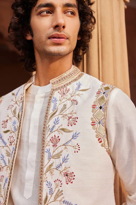 Contrast By Parth Ivory Silk Zari, Cut Work, Mirrors Zardozi Embellished Bundi And Kurta Set Online at Aza Fashions Contrast By Parth_Ivory Silk Zari, Cut Work, Mirrors Zardozi Embellished Bundi And Kurta Set _Online_at_Aza_Fashions