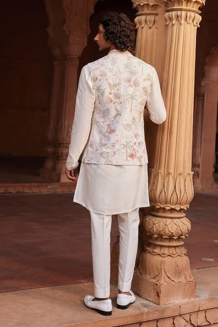 Shop Contrast By Parth Ivory Silk Embroidery Flamingo Bundi And Kurta Set at Aza Fashions Shop_Contrast By Parth_Ivory Silk Embroidery Flamingo Bundi And Kurta Set _at_Aza_Fashions