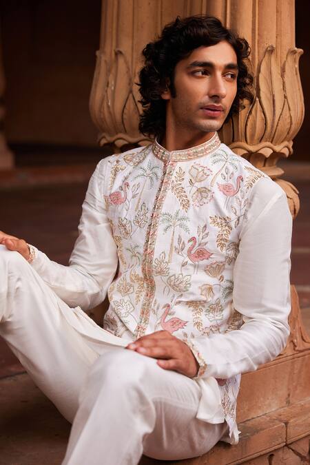 Contrast By Parth Ivory Silk Embroidery Flamingo Bundi And Kurta Set Online at Aza Fashions Contrast By Parth_Ivory Silk Embroidery Flamingo Bundi And Kurta Set _Online_at_Aza_Fashions