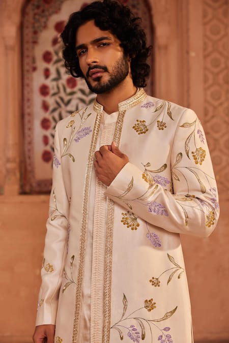 Contrast By Parth Ivory Silk Cut Work, Zari, Diamonds, Embroidery Jahaan Embellished Sherwani Set Online at Aza Fashions Contrast By Parth_Ivory Silk Cut Work, Zari, Diamonds, Embroidery Jahaan Embellished Sherwani Set _Online_at_Aza_Fashions