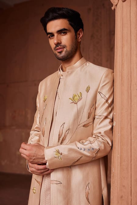 Contrast By Parth_Beige Silk Embroidery Bageecha Hand Painted Sherwani Set _Online_at_Aza_Fashions