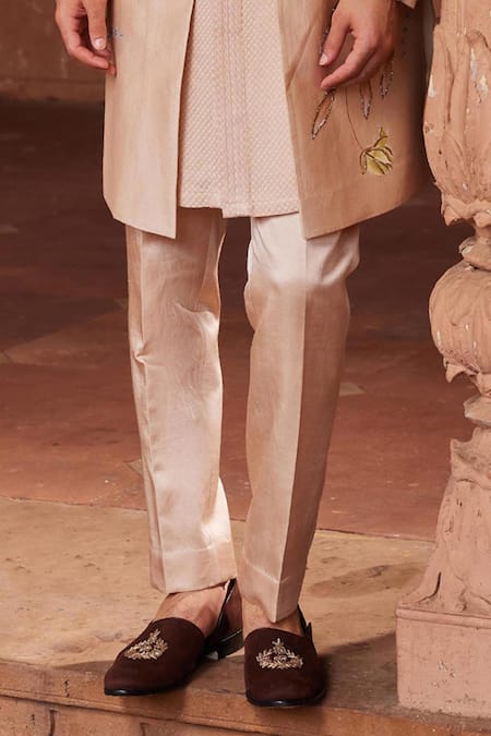 Buy_Contrast By Parth_Beige Silk Embroidery Bageecha Hand Painted Sherwani Set _Online_at_Aza_Fashions