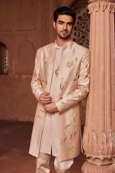 Shop_Contrast By Parth_Beige Silk Embroidery Bageecha Hand Painted Sherwani Set _Online_at_Aza_Fashions