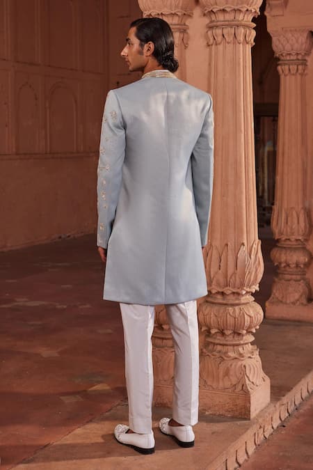 Shop Contrast By Parth Blue Silk, Jacquard Zari, Embroidery, Diamonds Elaya Zardozi Sherwani Set at Aza Fashions Shop_Contrast By Parth_Blue Silk, Jacquard Zari, Embroidery, Diamonds Elaya Zardozi Sherwani Set _at_Aza_Fashions