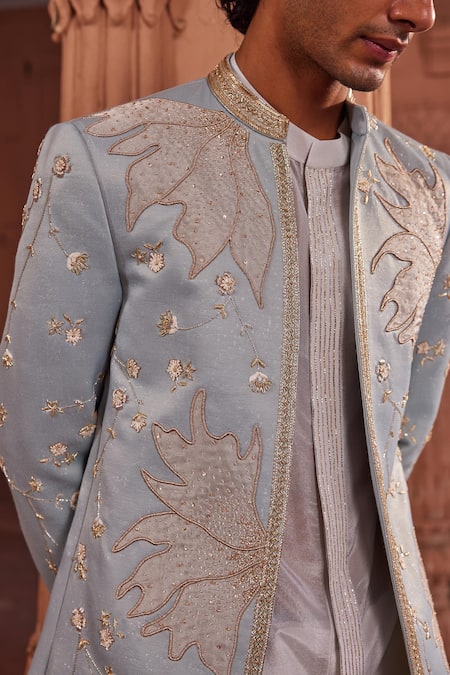 Contrast By Parth Blue Silk, Jacquard Zari, Embroidery, Diamonds Elaya Zardozi Sherwani Set Online at Aza Fashions Contrast By Parth_Blue Silk, Jacquard Zari, Embroidery, Diamonds Elaya Zardozi Sherwani Set _Online_at_Aza_Fashions